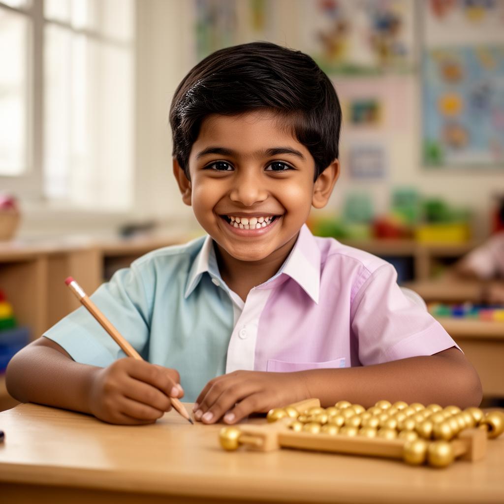 A boy concentrating on threading wooden beads