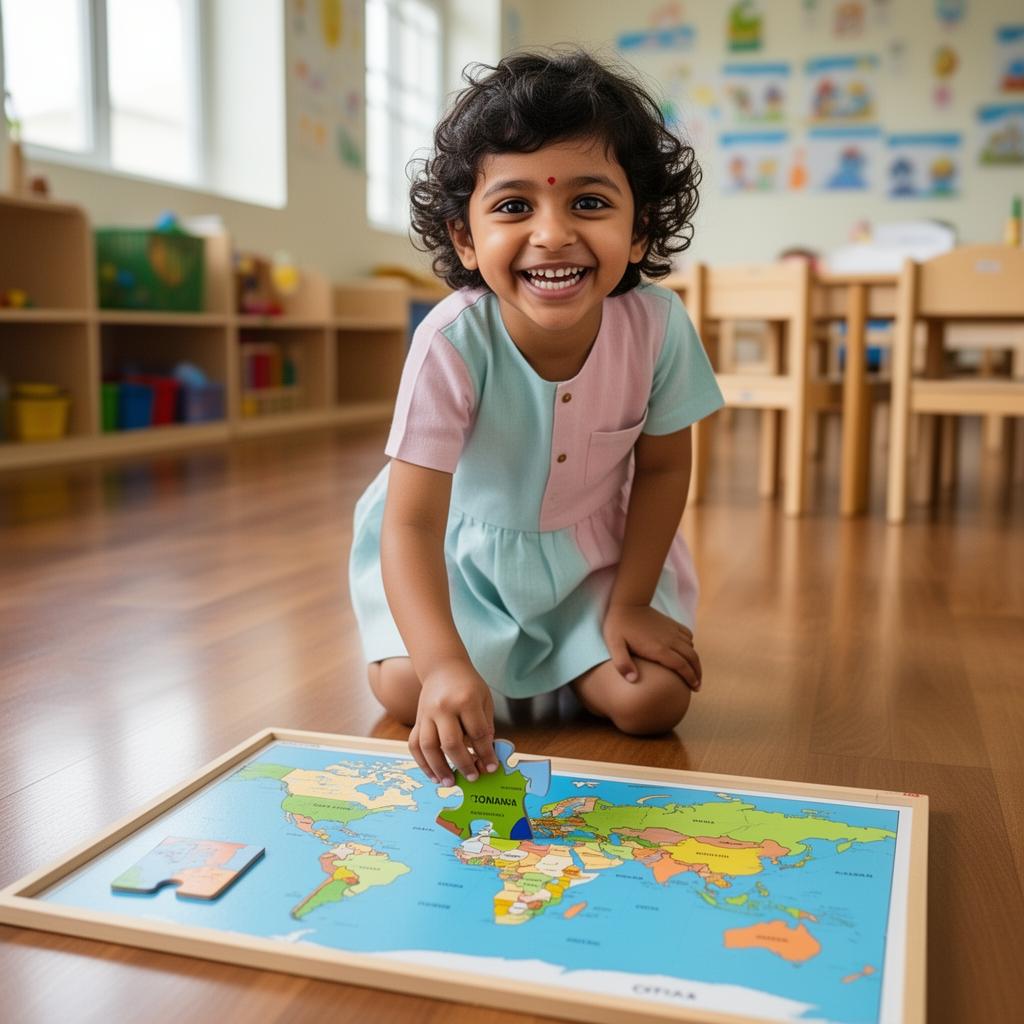 A preschooler building a pink tower in a Montessori classroom